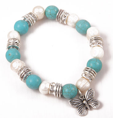 Bracelet Turqoise, fresh water pearls and butterfly