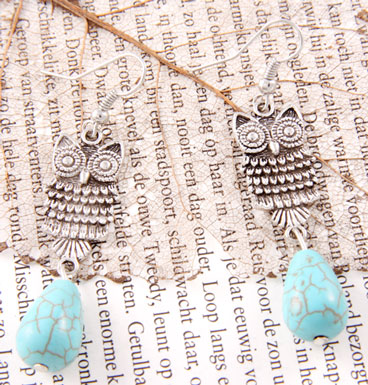 Earrings Owl and turqoise dew drop