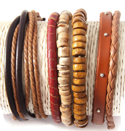 Set of 4 bracelets, rope, wood, wire